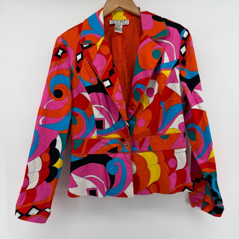 Kemp Collect Psychedelic Mod Blazer Jacket Multicolor Abstract Print Size 10 vtg